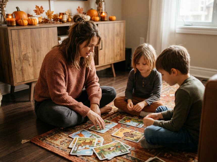 Mère et deux enfants jouant à un jeu de cartes visuelles sur un tapis de salon décoré pour la Toussaint