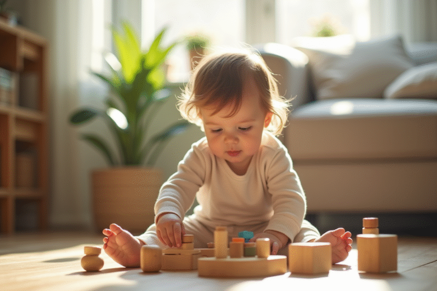 Jeune enfant jouant avec des jouets éducatifs en salon lumineux