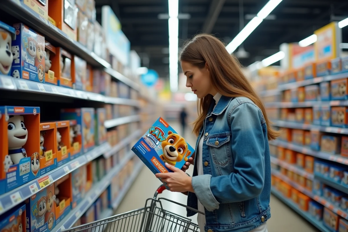 Mère regardant les jouets Pat Patrouille dont un nouveau personnage chien dans un rayon de magasin de jouets