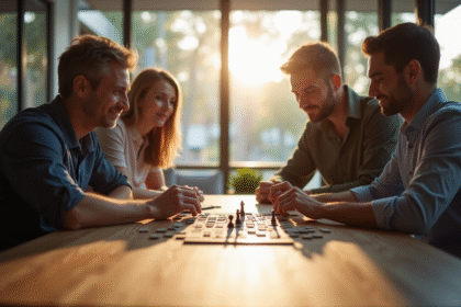 Deux adultes jouent à un jeu de société moderne à une table en bois