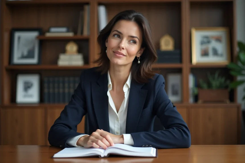 Femme journaliste professionnelle en veste marine assise à un bureau dans un bureau éditorial moderne, regard pensif vers l'objectif