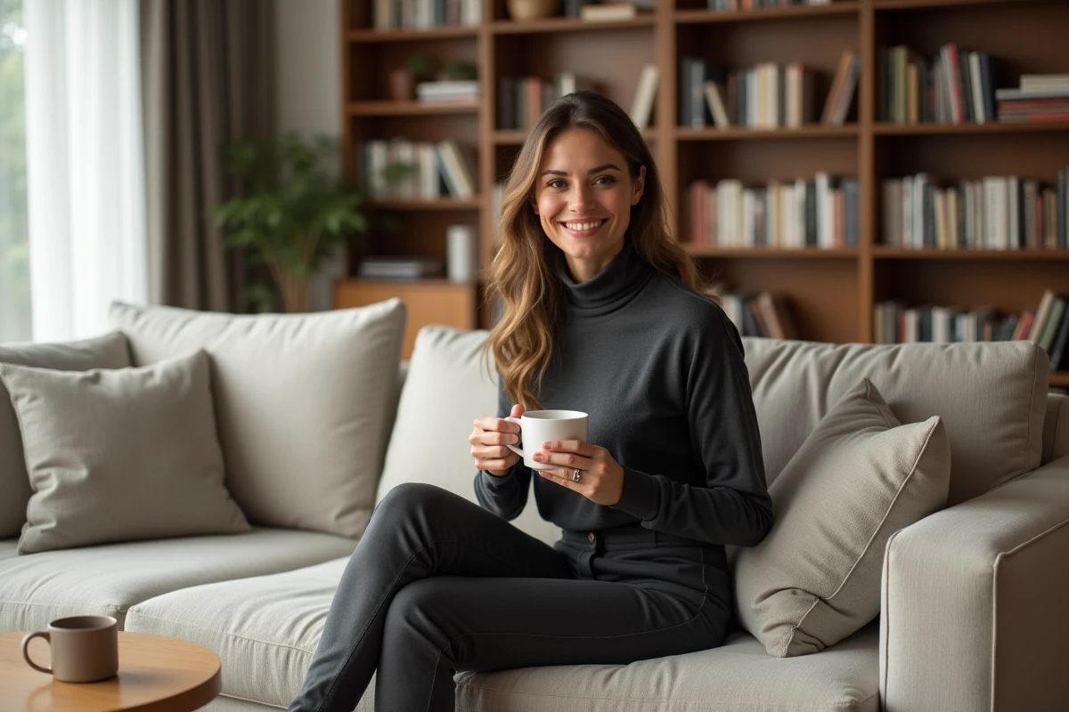Femme journaliste détendue sur un canapé moderne avec café dans un intérieur contemporain, style éditorial lifestyle