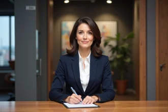 Journaliste professionnelle assise à un bureau de studio de télévision avec microphone, portrait éditorial réaliste