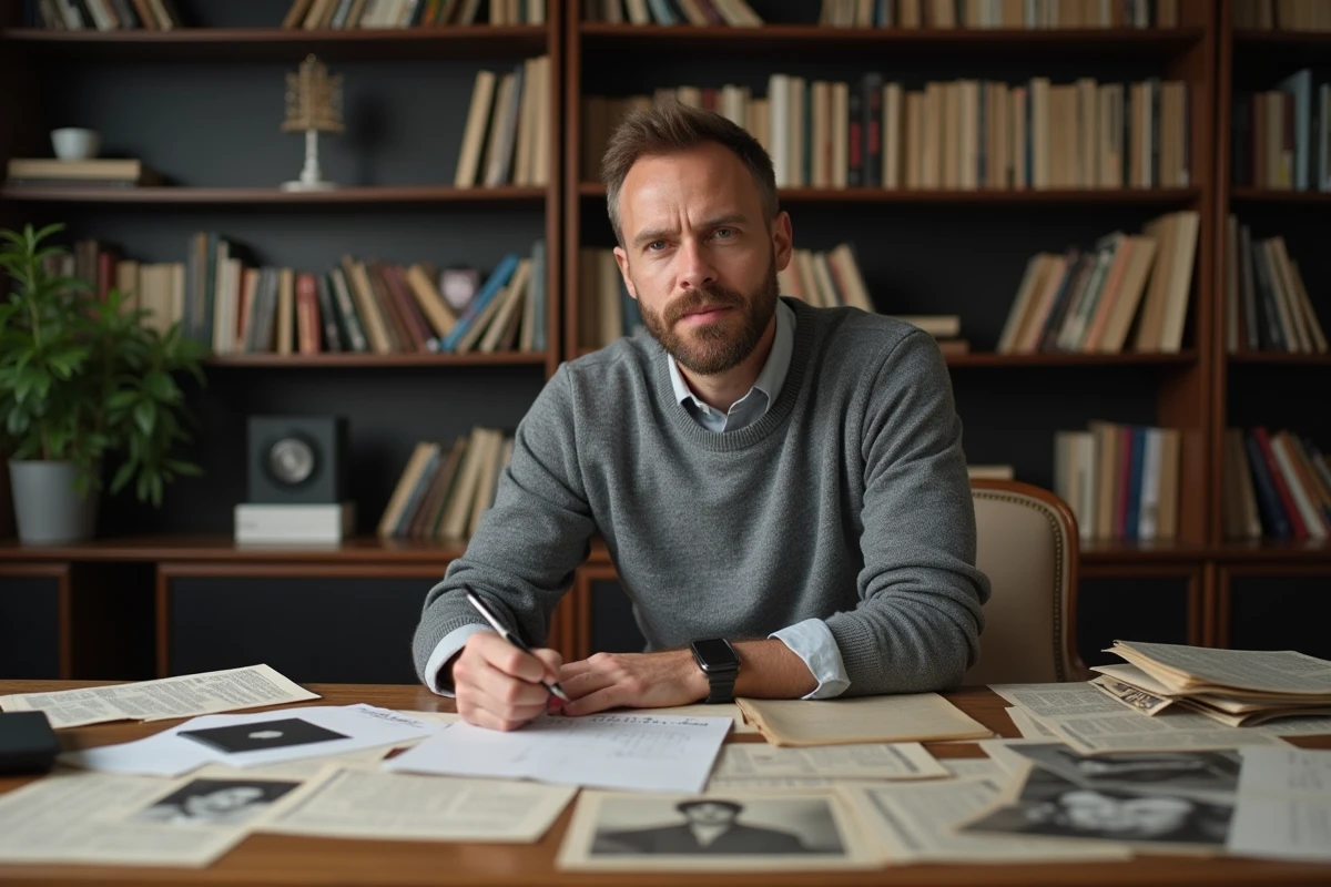 Journaliste consultant des archives de presse et photographies d'un chanteur célèbre dans un bureau