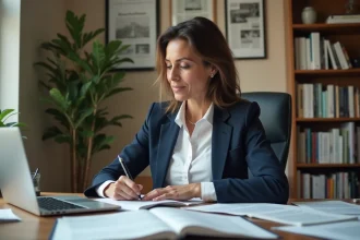 Femme journaliste effectuant des recherches sur ses origines familiales et vérifiant des informations documentées à son bureau