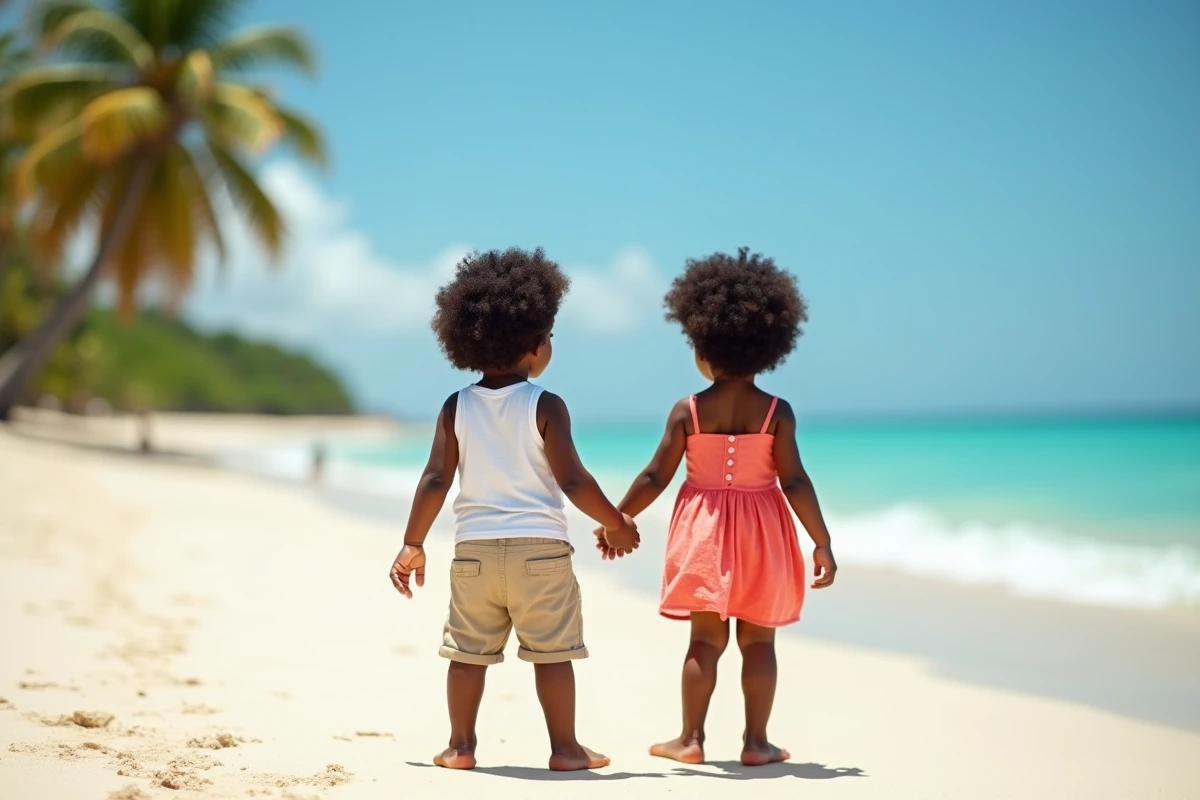 Jumeaux sur une plage de la Martinique se tenant la main face à la mer des Caraïbes