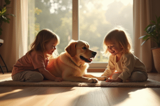 Labrador à poil long jouant avec des enfants dans un salon lumineux