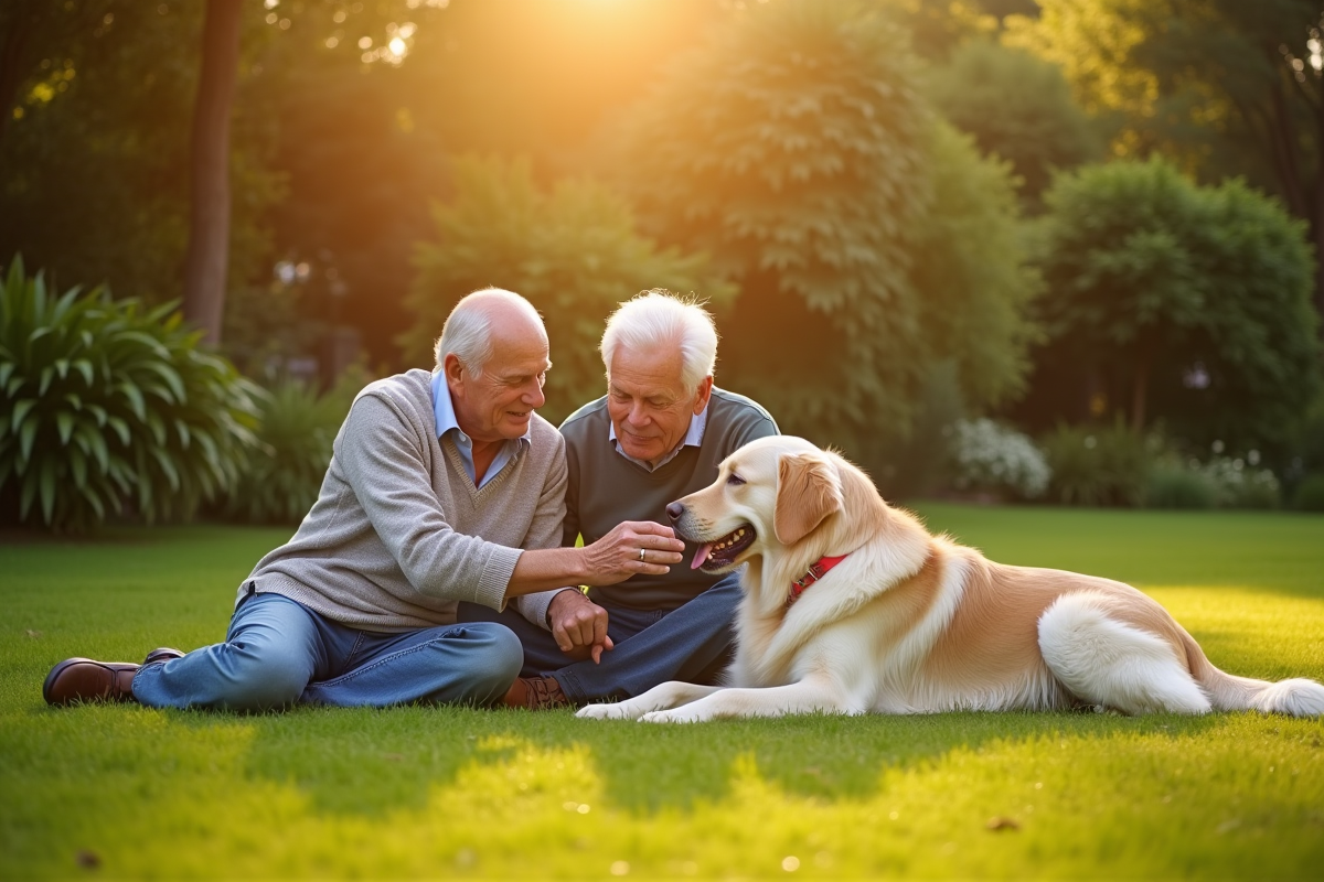 Labrador relaxant dans un jardin avec un couple âgé au coucher du soleil