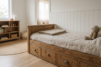 Lit cabane en bois massif avec tiroirs de rangement intégrés dans une chambre d'enfant décorée avec soin