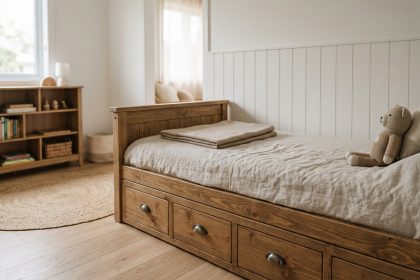 Lit cabane en bois massif avec tiroirs de rangement intégrés dans une chambre d'enfant décorée avec soin