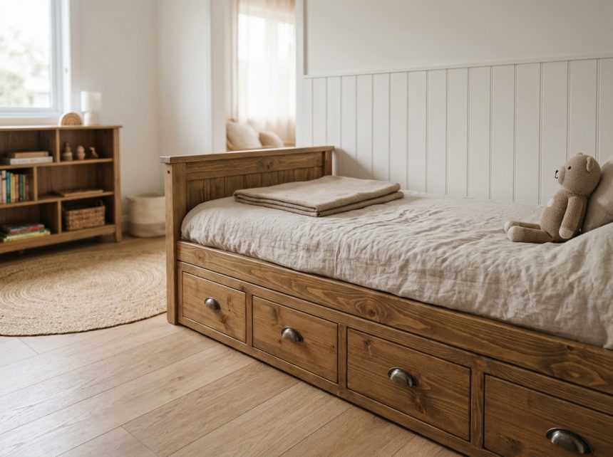 Lit cabane en bois massif avec tiroirs de rangement intégrés dans une chambre d'enfant décorée avec soin