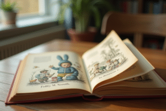 Page d'un livre ancien avec illustration de Noddy et jouets neutres