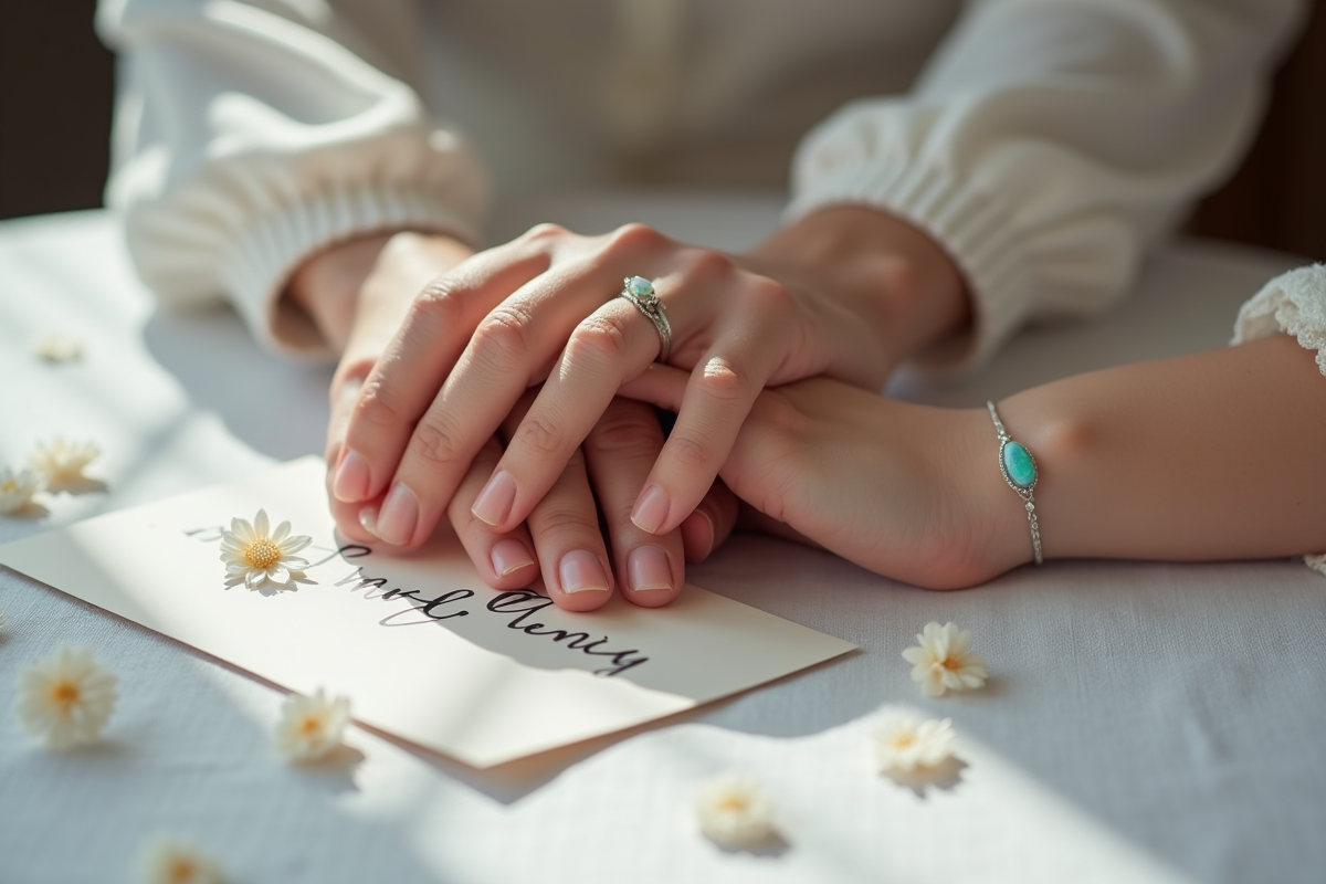 Détails des mains entrelacees avec bagues et bijoux opale