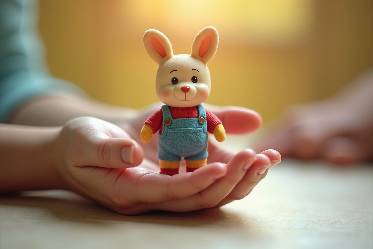 Deux mains tenant une figurine Noddy sur fond neutre
