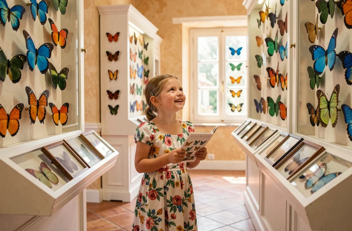 Une fillette admirative devant les collections de papillons tropicaux à la Maison des Papillons de Saint-Tropez