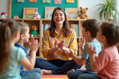 Maîtresse de maternelle chantant la comptine Trois petits chats avec des enfants en classe