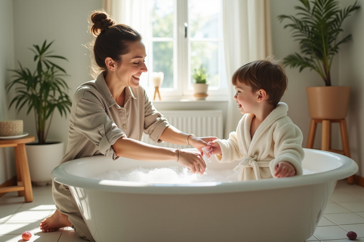 Maman préparant le bain avec son enfant dans la salle de bain