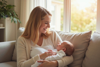 Jeune maman souriante avec son bébé dans un salon lumineux