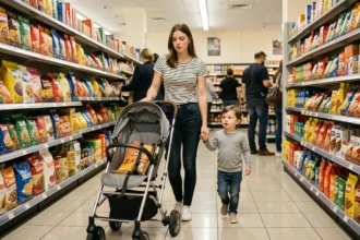 Maman faisant ses courses au supermarché avec un bébé en poussette et un jeune enfant à ses côtés
