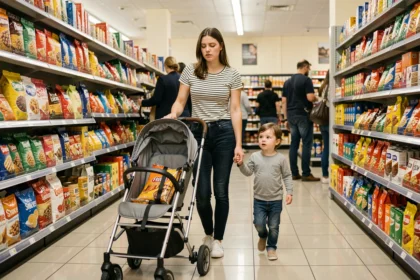 Maman faisant ses courses au supermarché avec un bébé en poussette et un jeune enfant à ses côtés