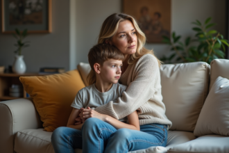 Femme et adolescent dans un salon familial chaleureux