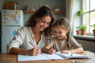 Maman et fille souriantes faisant leurs devoirs à la maison