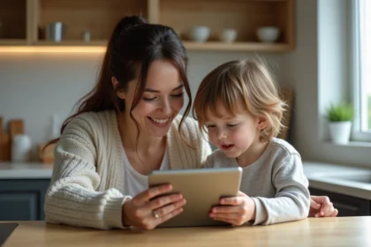 Maman et enfant regardent une tablette ensemble dans la cuisine