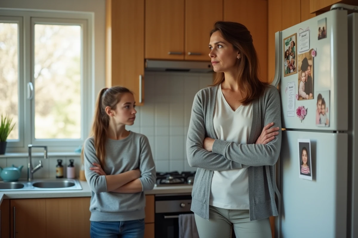 Femme et adolescente dans une cuisine familiale