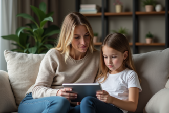 Maman et fille assises sur un canapé dans un salon chaleureux