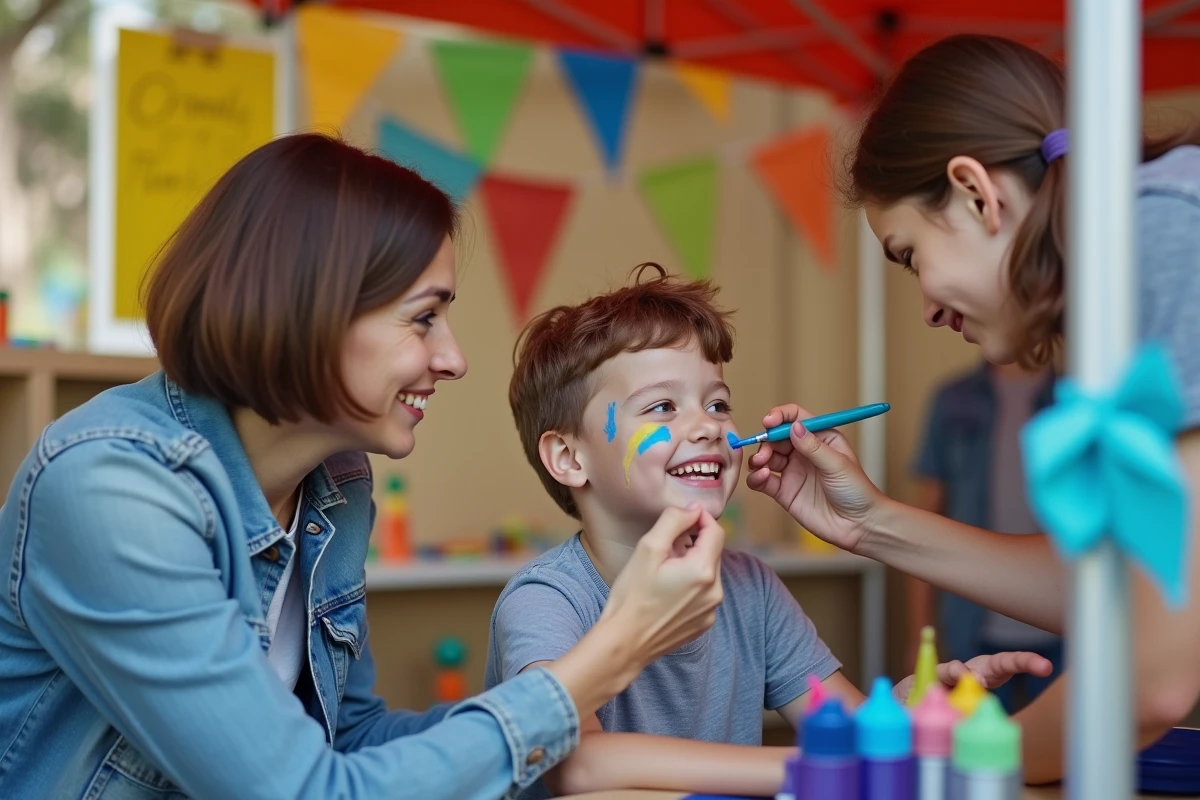 Mère accompagnant son fils à un atelier maquillage lors d'une kermesse d'école primaire