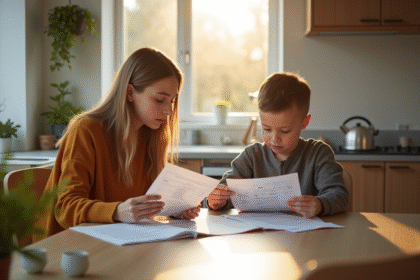 Mère et adolescent examinant des documents à la maison