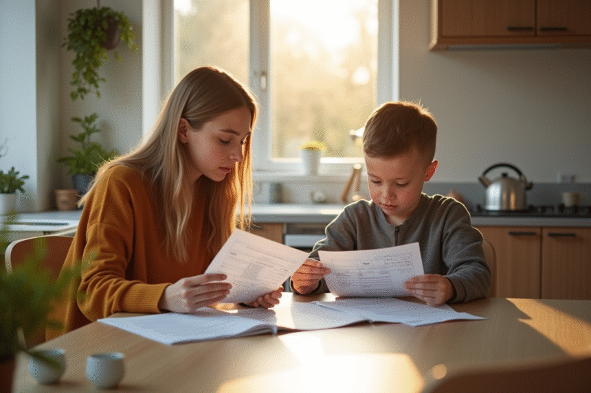 Mère et adolescent examinant des documents à la maison