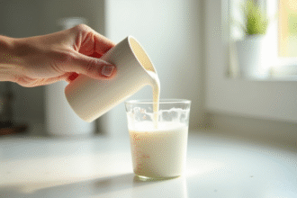 Main d'une mère versant du lait dans un petit verre de mesure