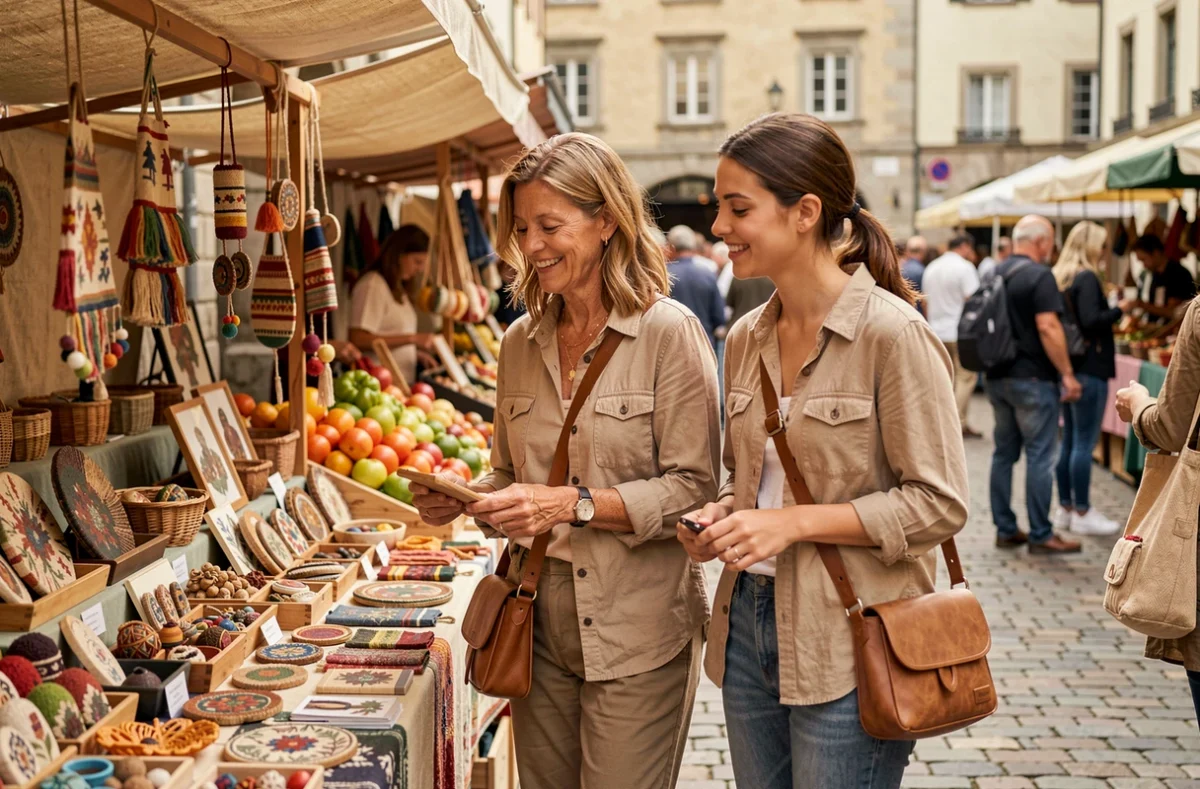 Belle-mère et belle-fille explorant ensemble un marché artisanal lors d'un voyage en lune de miel familial