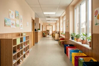 Entrée d'une crèche en Seine-et-Marne avec casiers colorés et œuvres d'enfants sur les murs