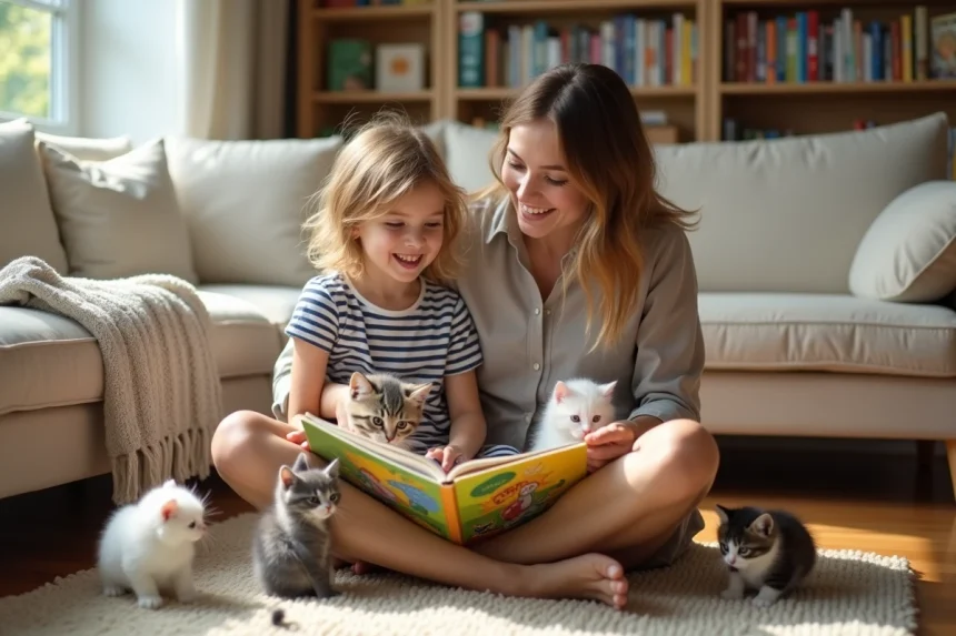 Mère et enfant apprenant les paroles d'une comptine sur les petits chats avec trois chatons jouant sur leurs genoux