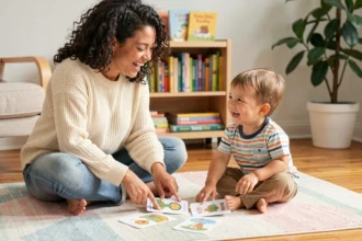 Mère assise sur un tapis pastel adaptant une devinette illustrée pour son enfant de 4 ans dans un salon chaleureux