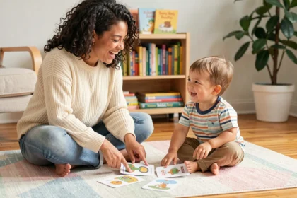 Mère assise sur un tapis pastel adaptant une devinette illustrée pour son enfant de 4 ans dans un salon chaleureux
