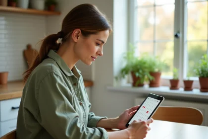 Mère de famille consultant les vacances scolaires 2026 en Angleterre sur une tablette dans une cuisine moderne