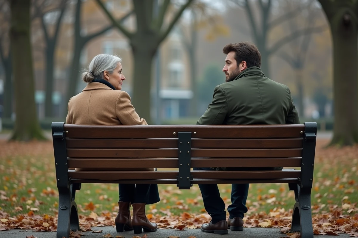 Mère et fils adulte assis à distance l'un de l'autre sur un banc de parc en automne, illustrant une relation familiale brisée et le silence entre eux