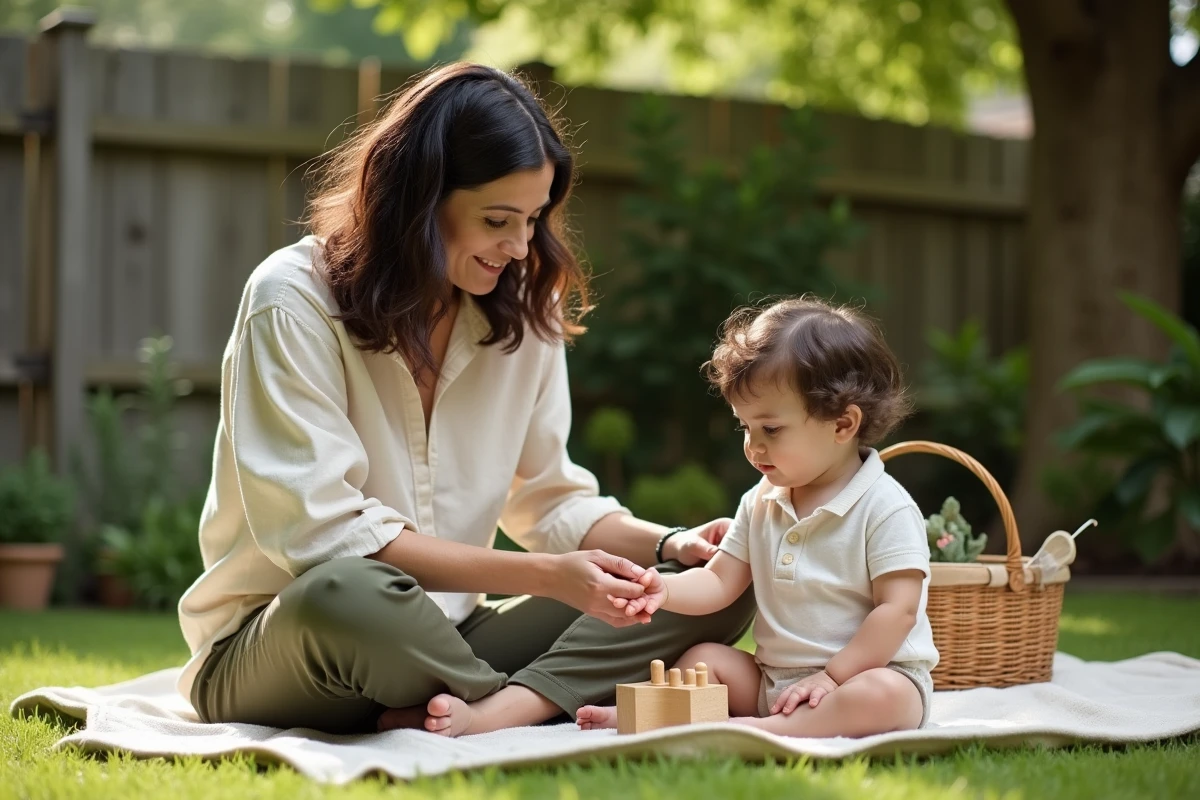 Mère accompagnant son tout-petit dans un jeu sensoriel de toucher adapté en extérieur dans le jardin