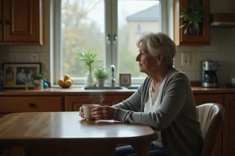 Mère d'une cinquantaine d'années seule à la table de cuisine, regard perdu dans le vide, illustrant la douleur d'une rupture avec son fils adulte