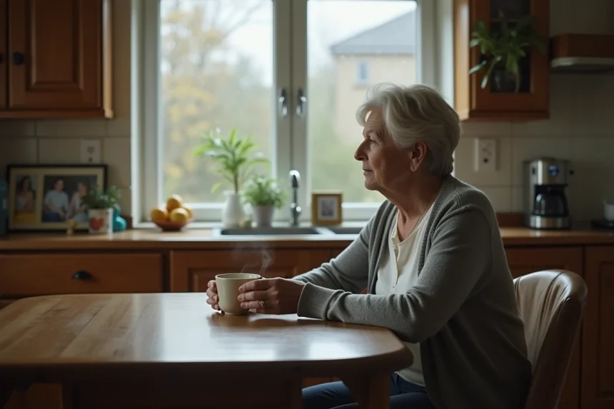 Mère d'une cinquantaine d'années seule à la table de cuisine, regard perdu dans le vide, illustrant la douleur d'une rupture avec son fils adulte