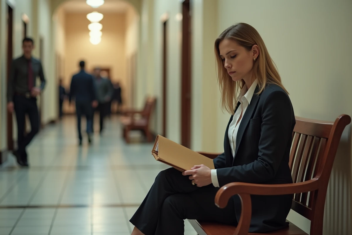 Mère attendant seule dans un couloir de tribunal lors d'une procédure de modification de visite médiatisée