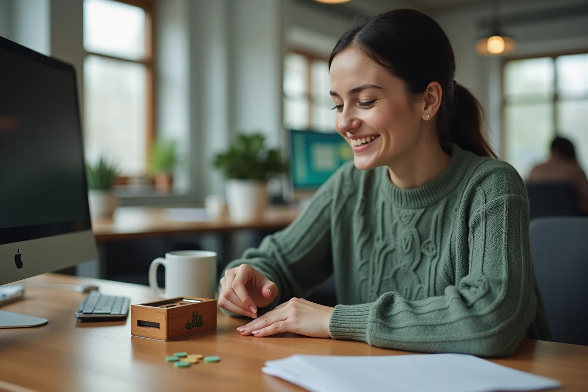Jeune femme souriante jouant à un mini-jeu de société sur son bureau pendant une pause au travail