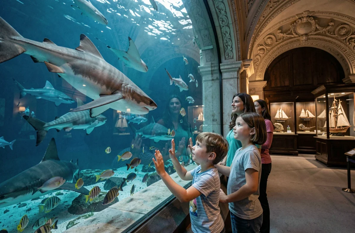 Une famille émerveillée devant un immense aquarium rempli de requins et de raies au Musée océanographique de Monaco