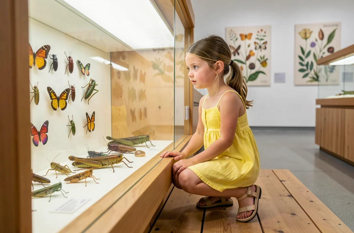 Une fillette observe avec curiosité une vitrine d'insectes épinglés au Naturoptère de Sérignan-du-Comtat