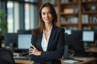Femme journaliste professionnelle en blazer sombre dans une salle de rédaction moderne, portrait éditorial réaliste