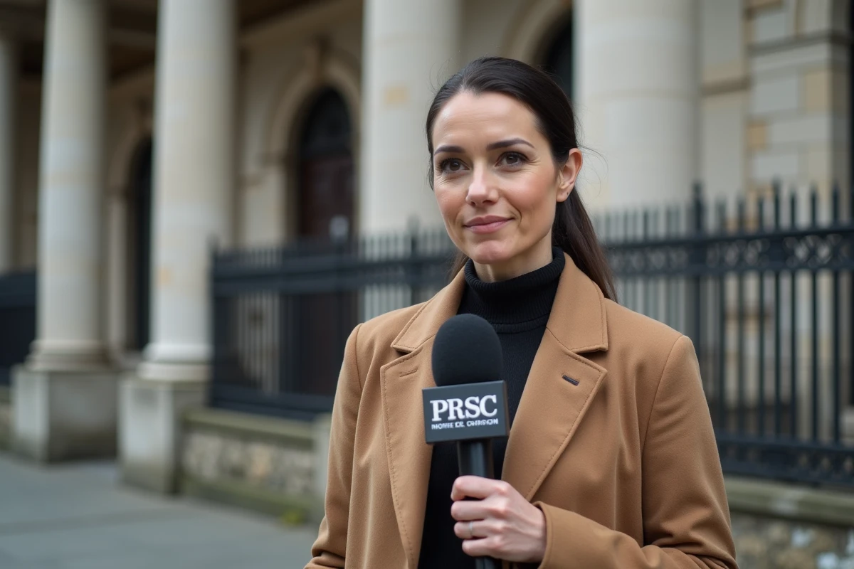 Journaliste femme en manteau camel tenant un micro devant un bâtiment institutionnel, reportage terrain réaliste