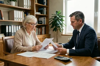 Une femme âgée et un conseiller financier examinent des documents relatifs aux revenus pris en compte pour l'obligation alimentaire en maison de retraite